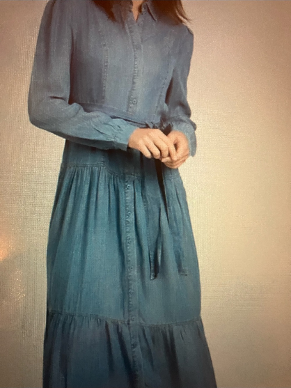 Maya Denim Long-Sleeve Button-Front Tiered Midi Dress